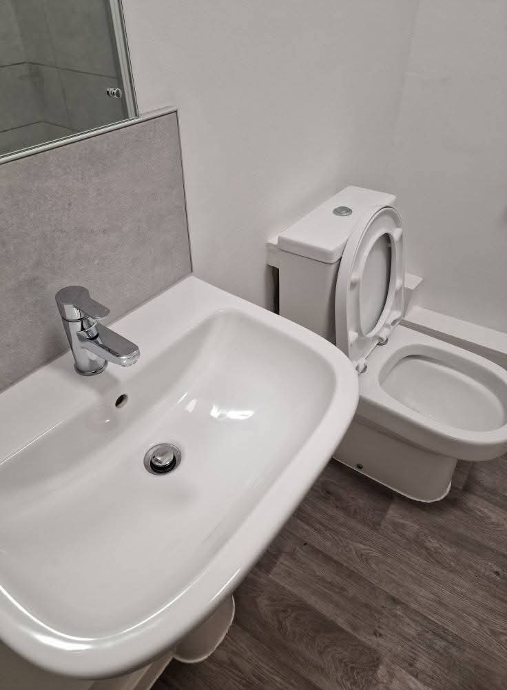 Spotless bathroom basin and toilet after a tenancy clean